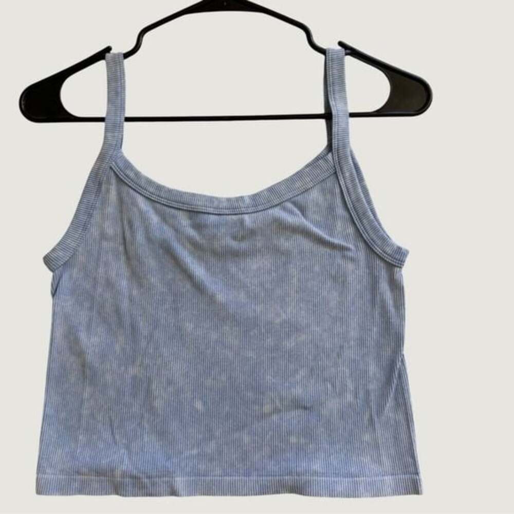 Eye Candy Blue Acid Wash Ribbed Crop Tank Top L/XL Seamless Scoop Neck‎ Camisole